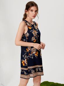 SHEIN Clasi Sleeveless Floral Print Dress - Navy Blue - View 5