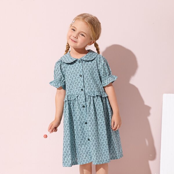 

Toddler Girls Peter Pan Collar Frill Trim Allover Print Dress, Green