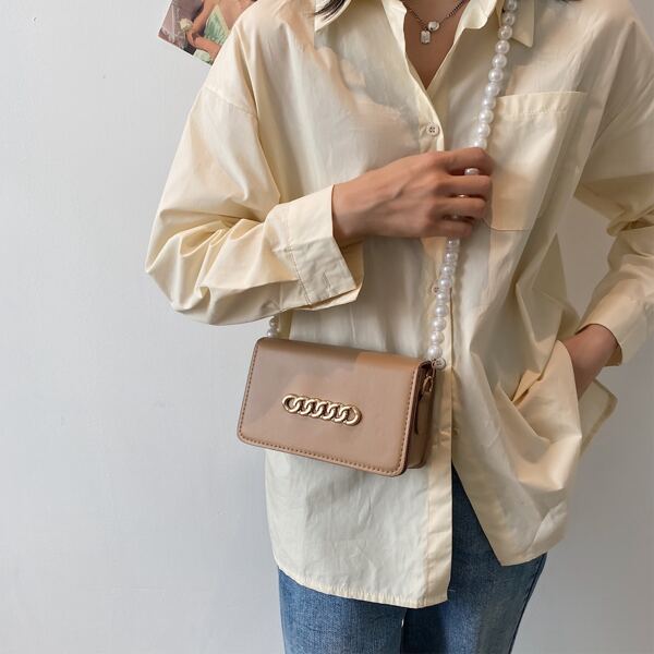 

Faux Pearl & Chain Decor Crossbody Bag, Khaki