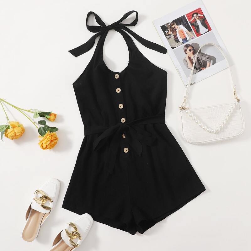 

Open Back Self Belted Romper, Black