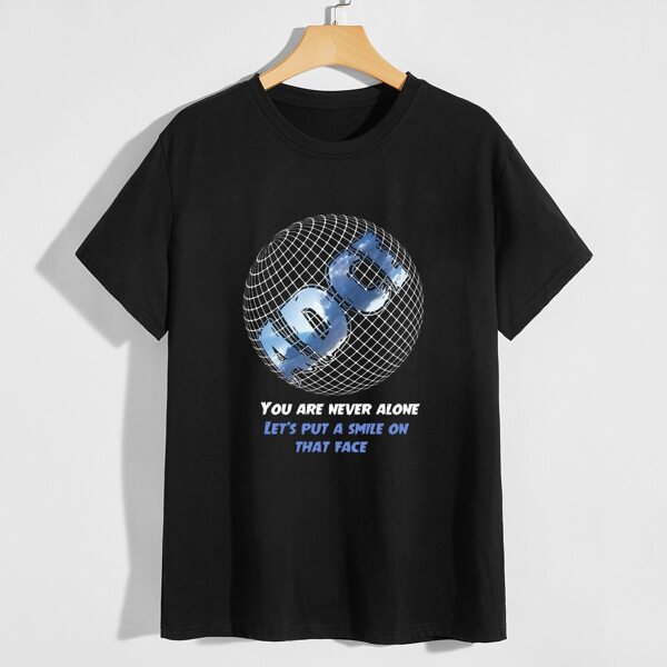 

Men Slogan & Geo Print Tee, Black