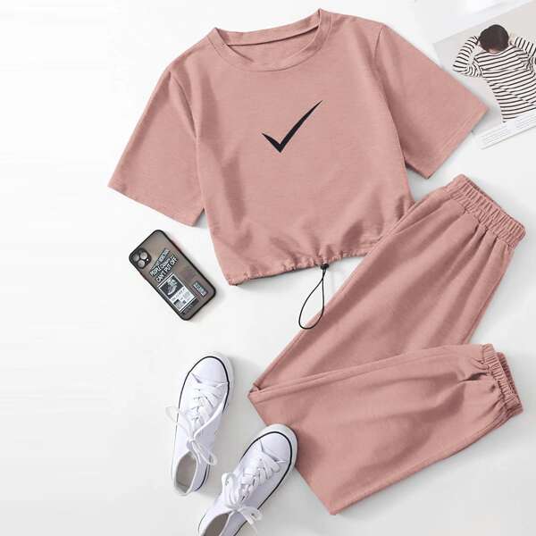 

Graphic Print Drawstring Hem Tee & Sweatpants, Dusty pink