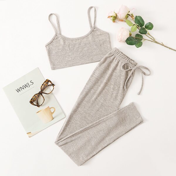 

Solid Cami Top With Knot Pants Lounge Set, Khaki