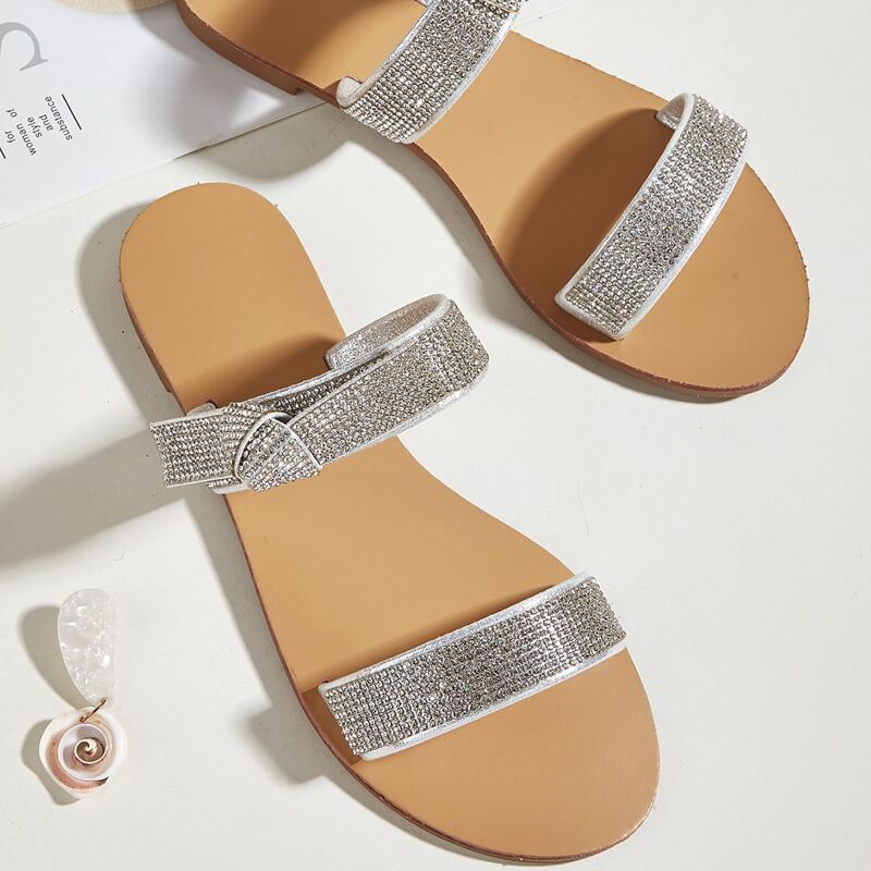 

Rhinestone Knot Strap Slide Sandals, Silver