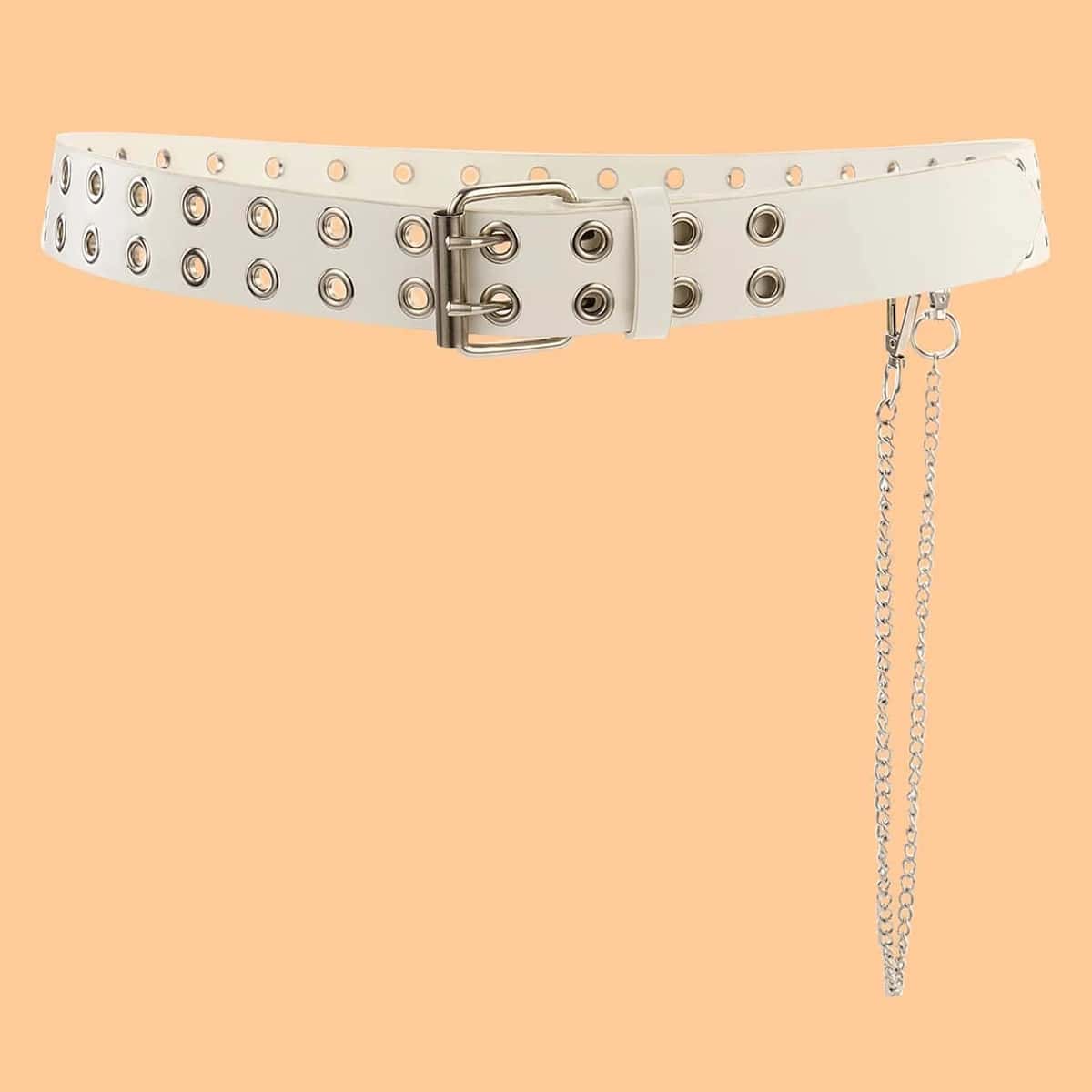 

Grommet Buckle Belt With Pants Chain, White