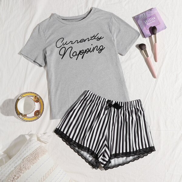 

Striped And Letter Graphic Contrast Lace Bow Front PJ Set, Multicolor