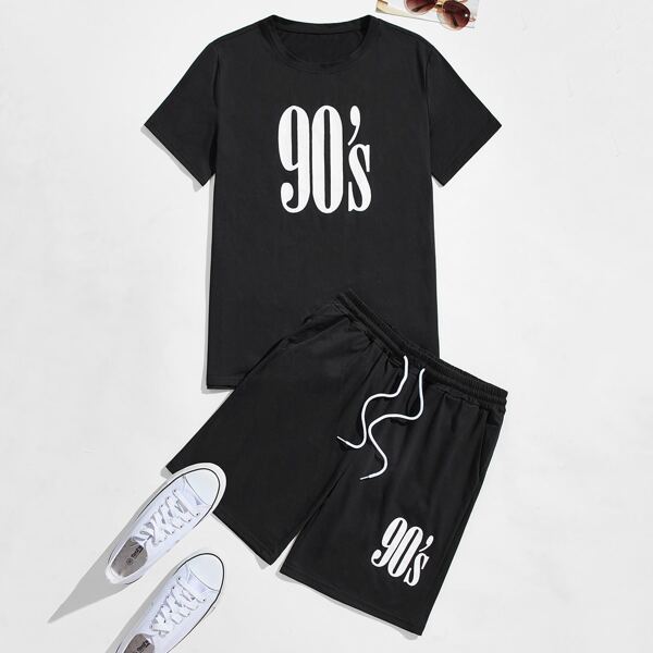 

Men Letter Graphic Tee With Track Shorts, Black