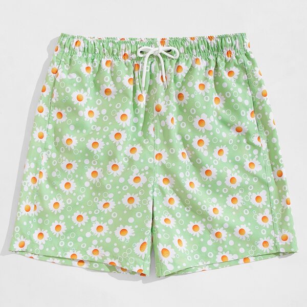 

Men Floral Print Drawstring Waist Swim Trunks, Lime green