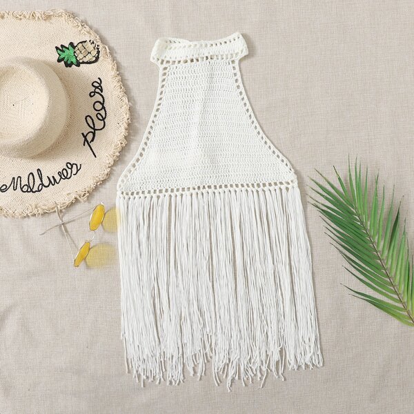 

Halterneck Tied Backless Fringe Hem Cover Up Top, White