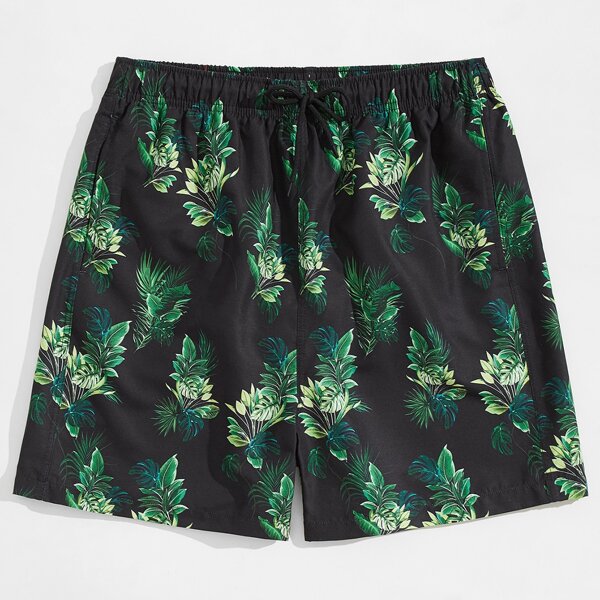 

Men Tropical Print Drawstring Waist Swim Trunks, Black