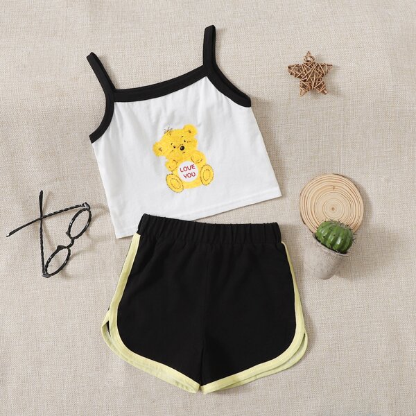 

Baby Girl Bear Print Cami Top With Contrast Binding Shorts, Black and white