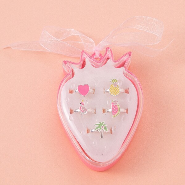 

5pcs Toddler Girls Fruit & Heart Decor Ring, Pink