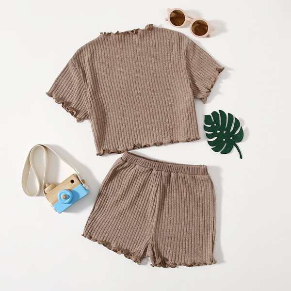 

Toddler Girls Rib-knit Lettuce Trim Tee & Shorts, Mocha brown