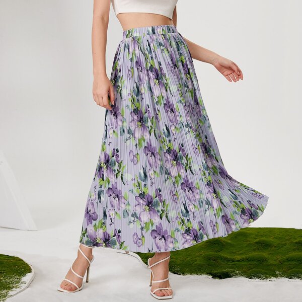 

Floral Print Pleated Skirt, Purple