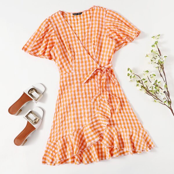 

Butterfly Sleeve Wrap Ruffle Hem Knot Gingham Dress, Orange