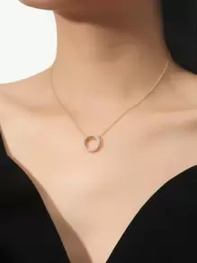 1pc Copper Cubic Zirconia Circle Link & Bow Pendant Necklace For Women, Everyday & Gift - Yellow Gold - View 1