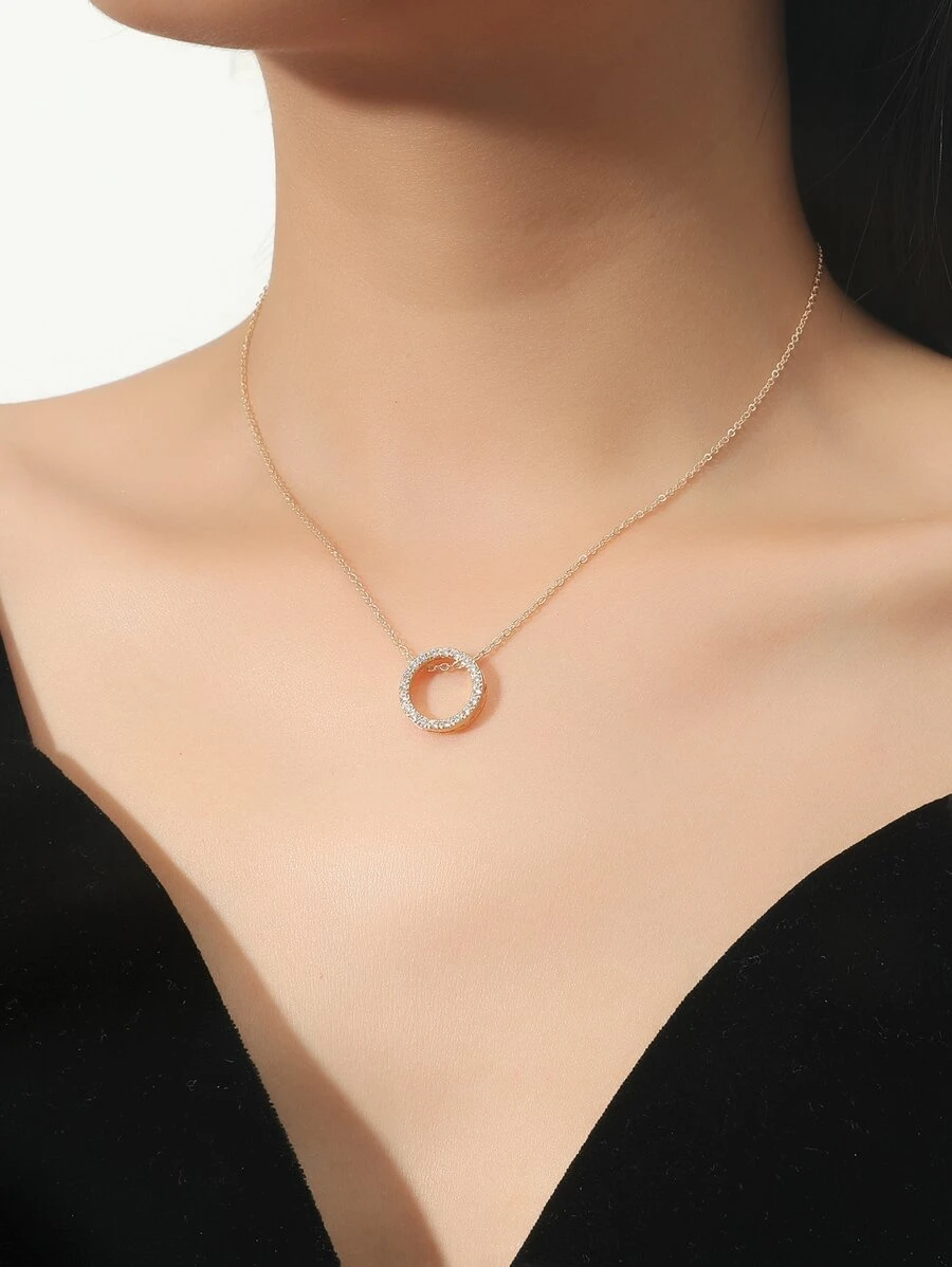1pc Copper Cubic Zirconia Circle Link & Bow Pendant Necklace For Women, Everyday & Gift - Yellow Gold - View 1