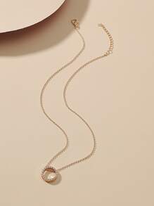 1pc Copper Cubic Zirconia Circle Link & Bow Pendant Necklace For Women, Everyday & Gift - Yellow Gold - View 3