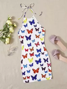 Soleia Allover Butterfly Print Halter Dress - Multicolor - View 1