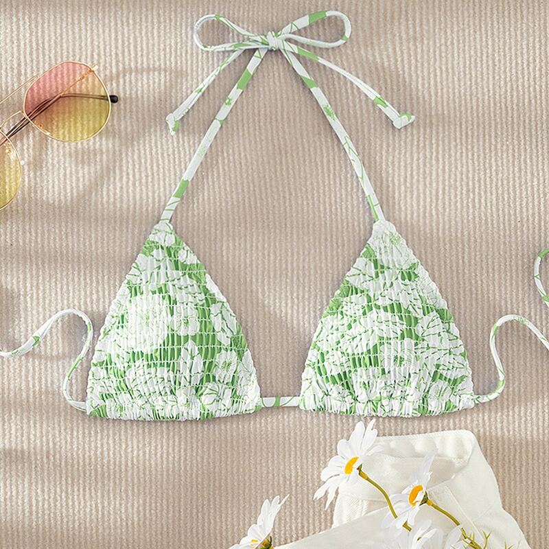 

Floral Smocked Triangle Bikini Top, Green