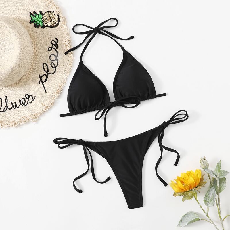 

Solid Tie Side Bikini Swimsuit, Black