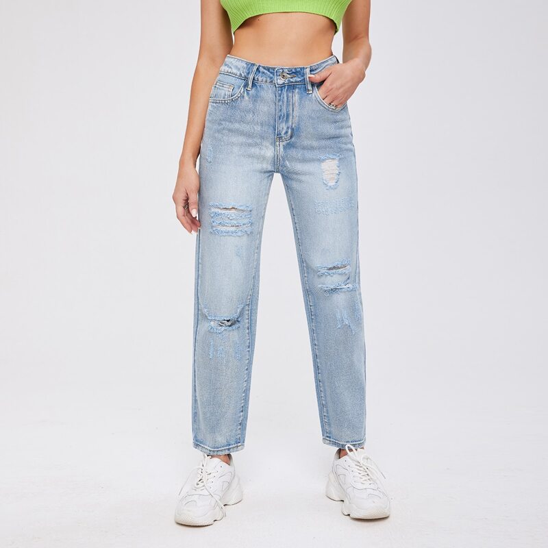 

High Waist Ripped Straight Leg Cropped Jeans, Light wash