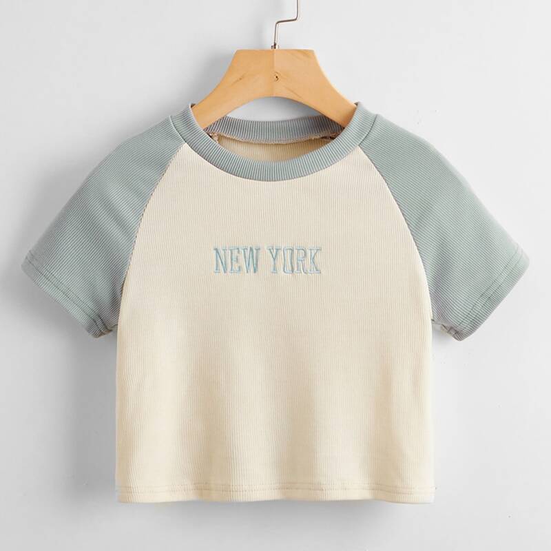 

Letter Embroidery Colorblock Ribbed Crop Tee, Multicolor