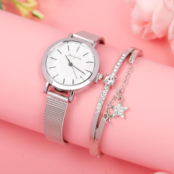 

1pc Mesh Strap Round Pointer Watch & 1pc Bracelet