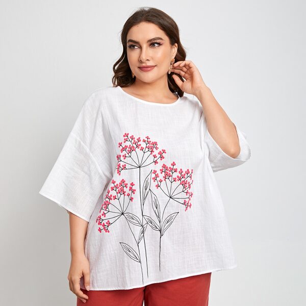 

Plus Drop Shoulder Floral Print Top, White