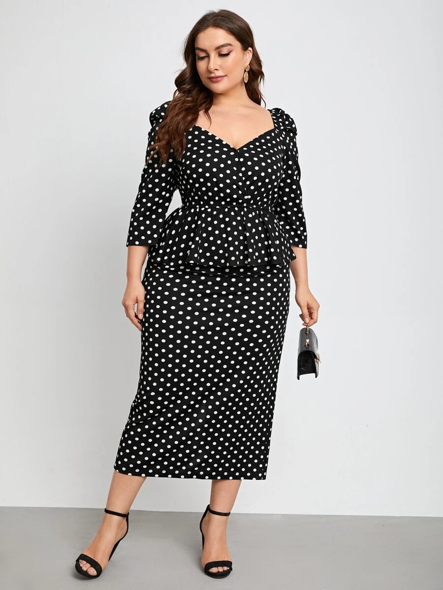 SHEIN Clasi Bộ thời trang Plus Size Trọn gói Chấm bi Thanh lịch - màu đen - Xem 1