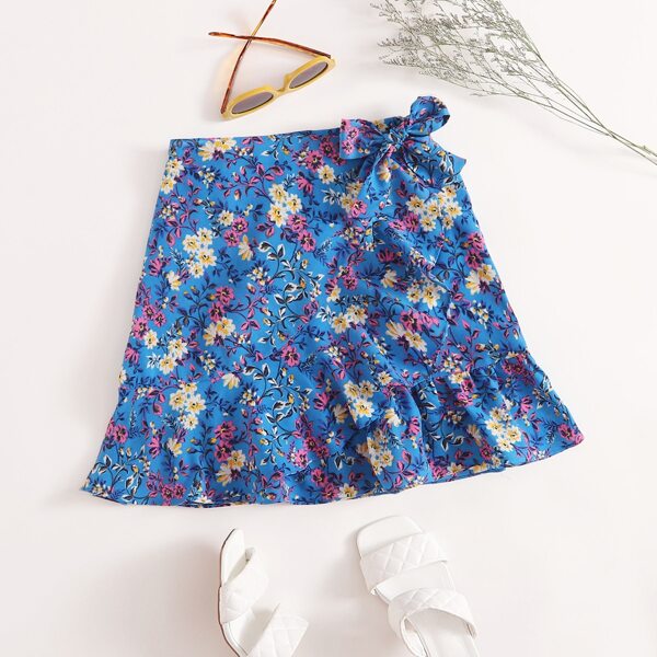 

Floral Print Ruffle Hem Wrap Knot Skirt, Multicolor