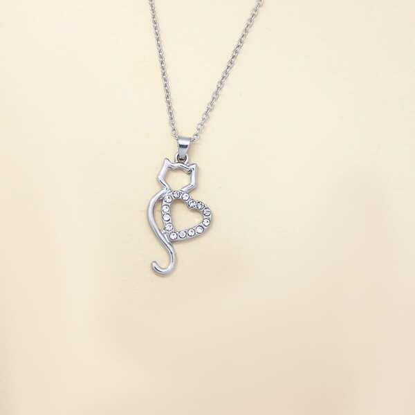 

Rhinestone Cat Charm Necklace, Silver