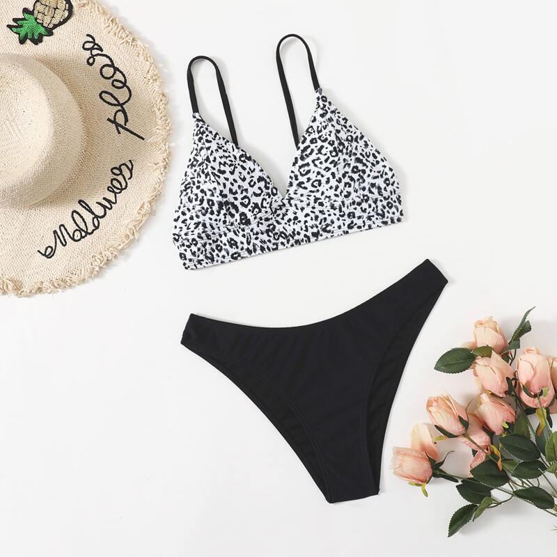 

Leopard Print Bikini Swimsuit, Black and white