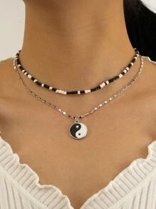 陰陽裝飾項鍊 - 銀色 - 查看 1
