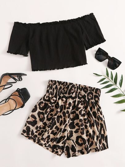 SHEIN VCAY Off Shoulder Lettuce Trim Crop Top & Shirred Waist Leopard Shorts Set