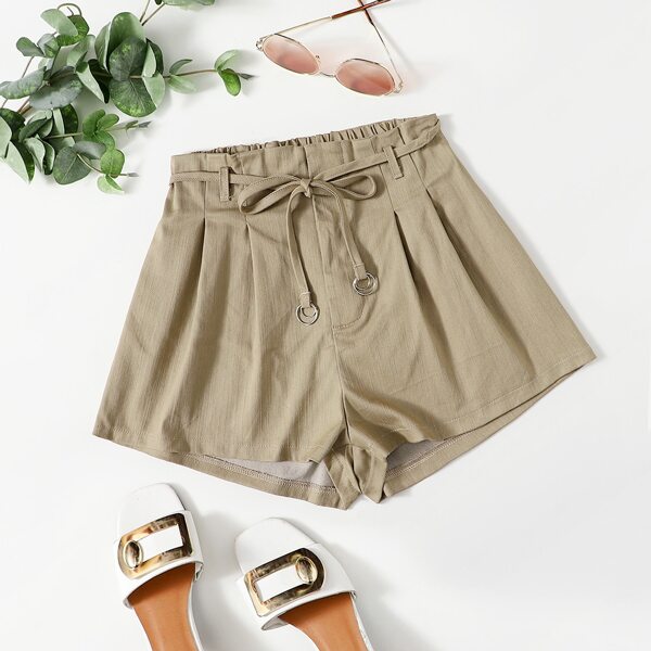 

Solid Self Tie Wide Leg Shorts, Khaki