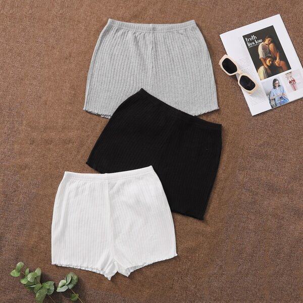

3 Pack Elastic Waist Lettuce Trim Rib-knit Shorts, Multicolor
