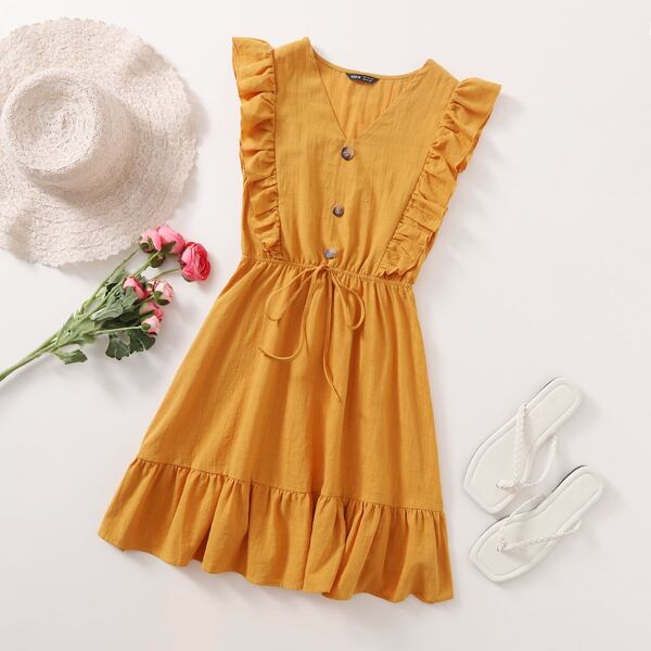 

V-neck Ruffle Armhole Knot Waist Dress, Multicolor