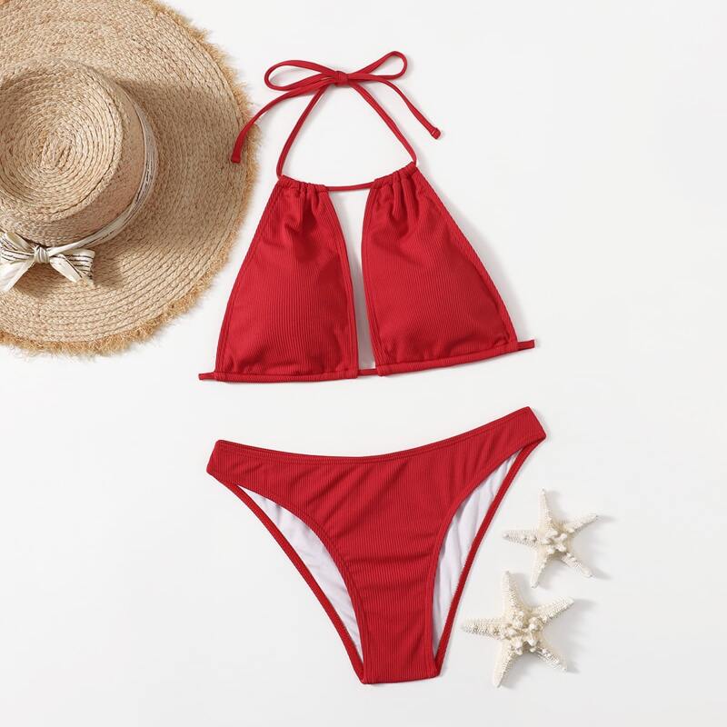 

Solid Rib Bikini Swimsuit, Red