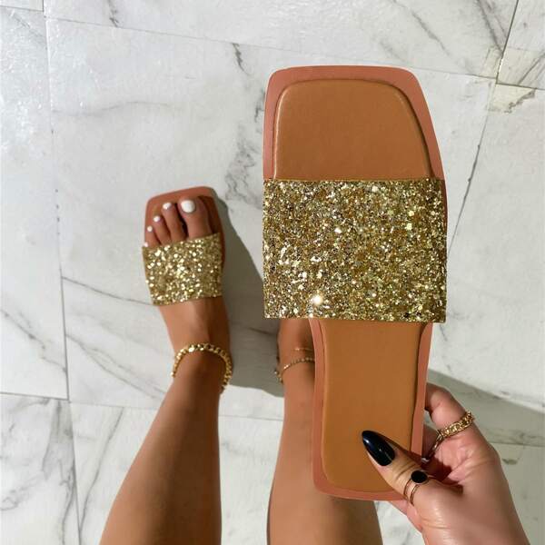 

Glitter Panel Slide Sandals, Gold