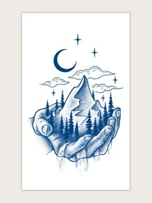 1sheet Moon & Mountain Tattoo Sticker - Blue - View 2