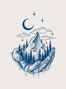 1sheet Moon & Mountain Tattoo Sticker - Blue - View 5