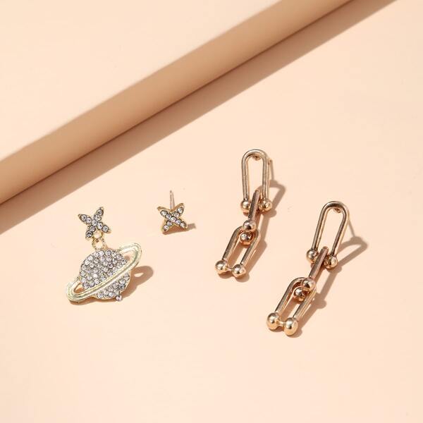 

2pairs Rhinestone Planet Charm Earrings, Gold