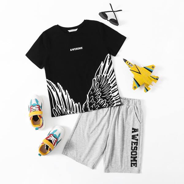 

Boys Wing and Letter Print Top & Shorts Set, Multicolor