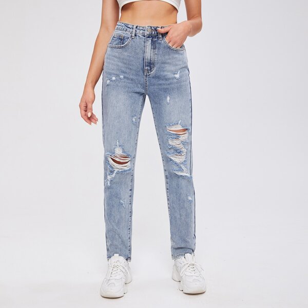 

High Waist Ripped Detail Jeans, Light wash
