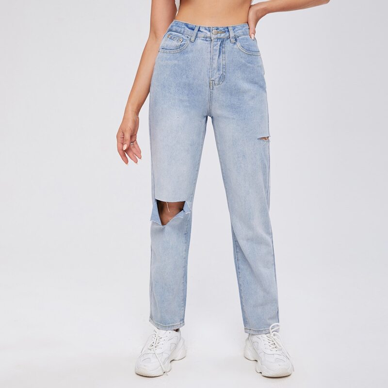 High Waist Ripped Straight Jeans, Light wash