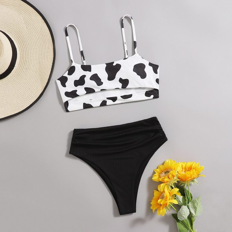 

Cow Cut Out Bikini Swimsuit, Black and white