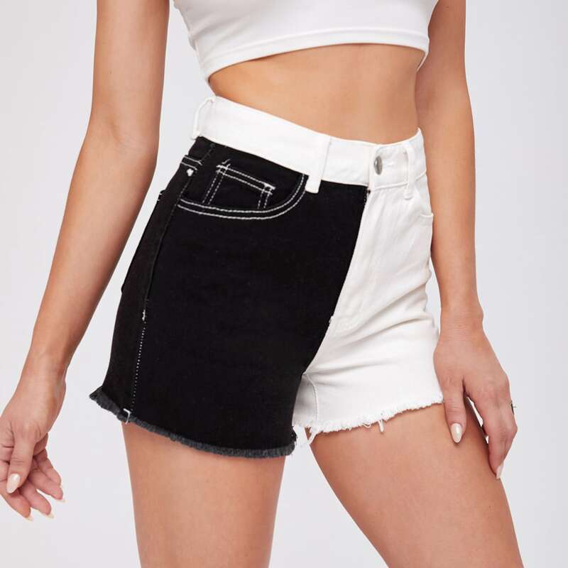 

Color Block Raw Hem Denim Shorts, Black and white