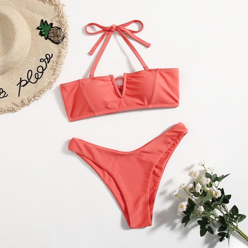 

Solid V Wired Bikini Swimsuit, Watermelon pink