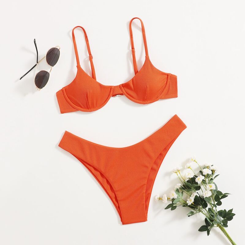 

Solid Rib Bikini Swimsuit, Orange